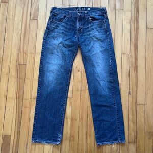 Guess Rebel Straight Leg Jeans Mens 34x32 Medium Wash Distressed Blue Denim
